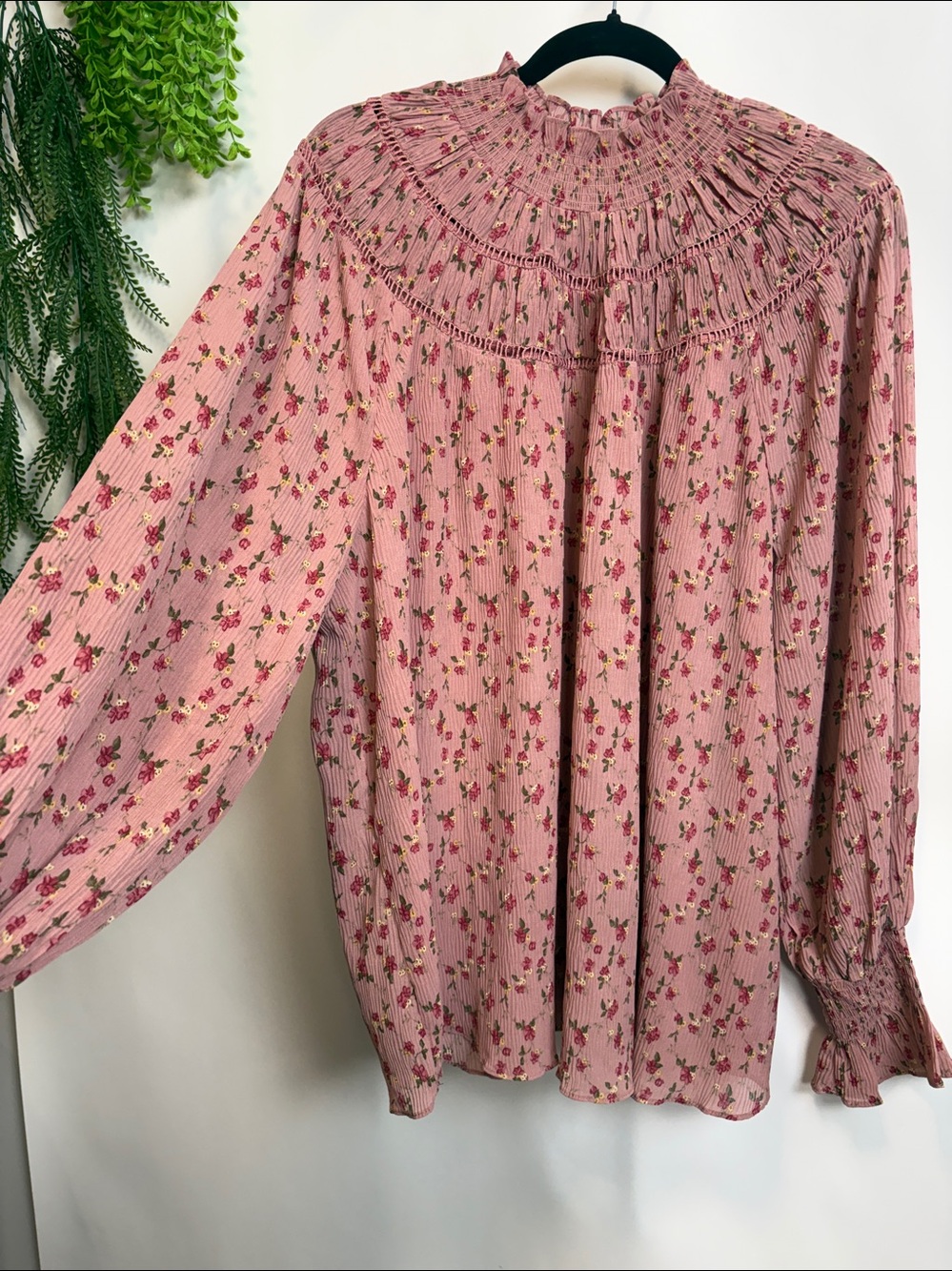 White Birch Pink Smocked Ruffled Blouse with Bib Collar